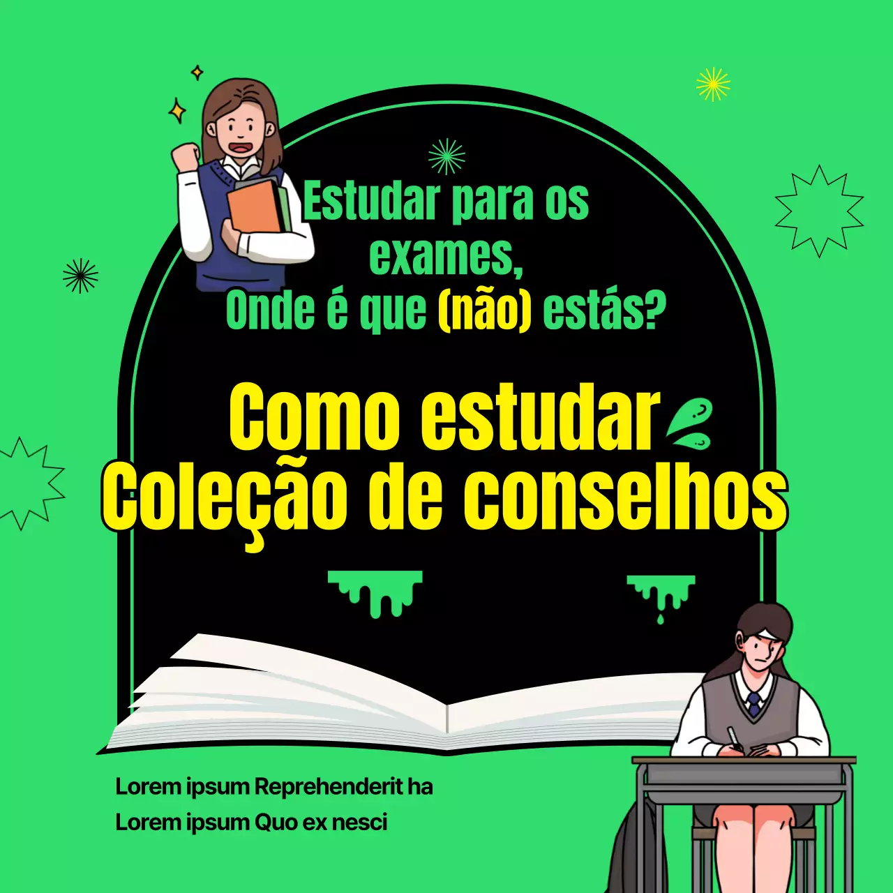 Uma coleção de sugestões de estudo com uma imagem simples a verde e preto de um estudante a estudar