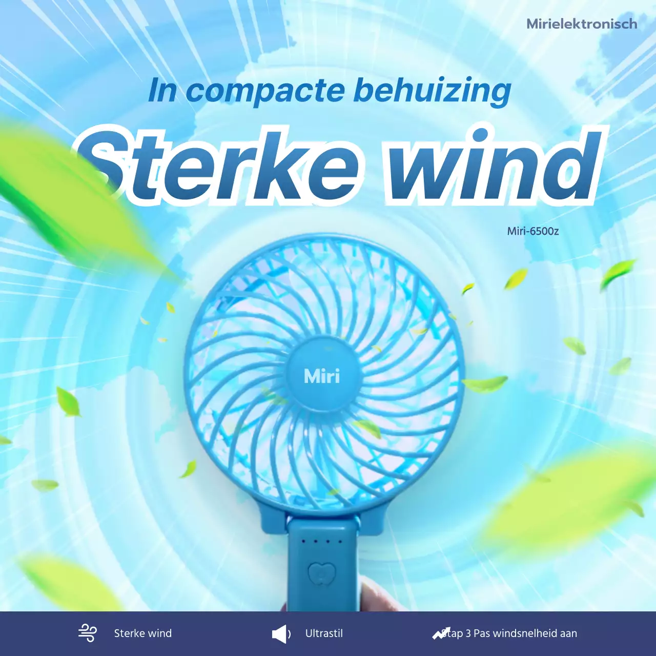 Blauw getinte tyfoonreclame voor een handventilator met krachtige wind