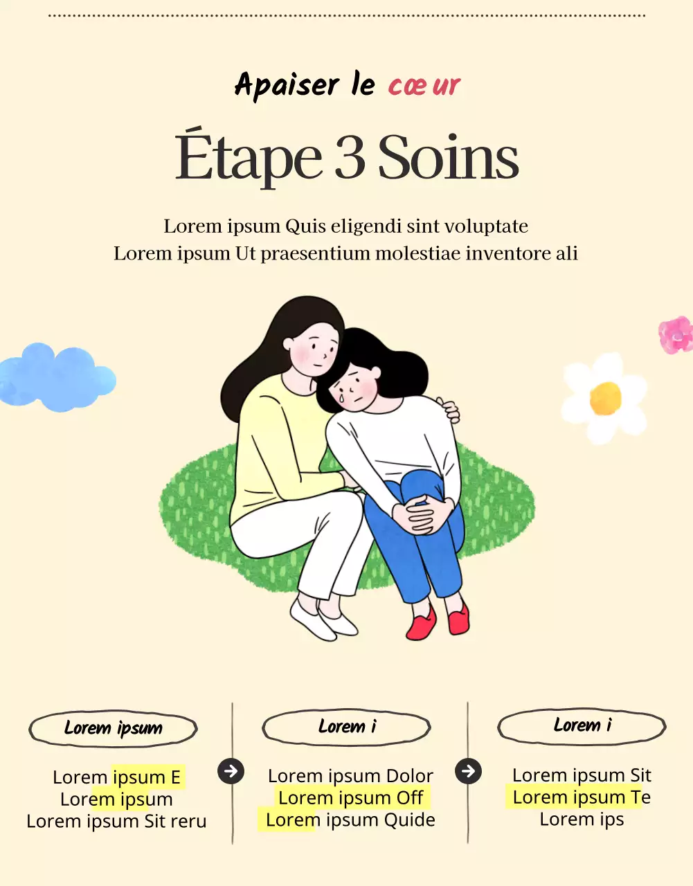 Un centre de conseil psychologique pour les jeunes avec des illustrations chaleureuses et accueillantes dans des tons beiges et primaires.