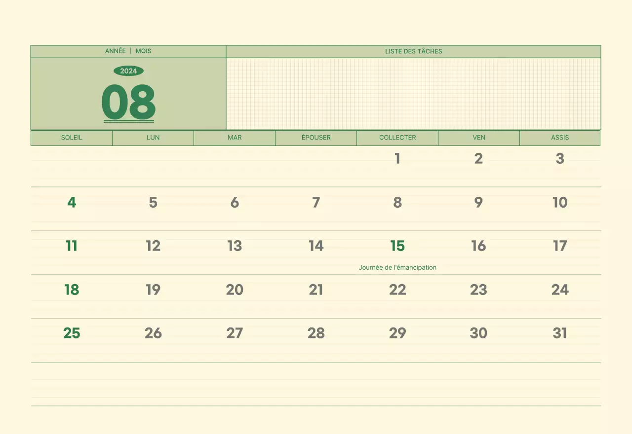 Calendrier mural SAT D-day notepad concept en vert et jaune clair