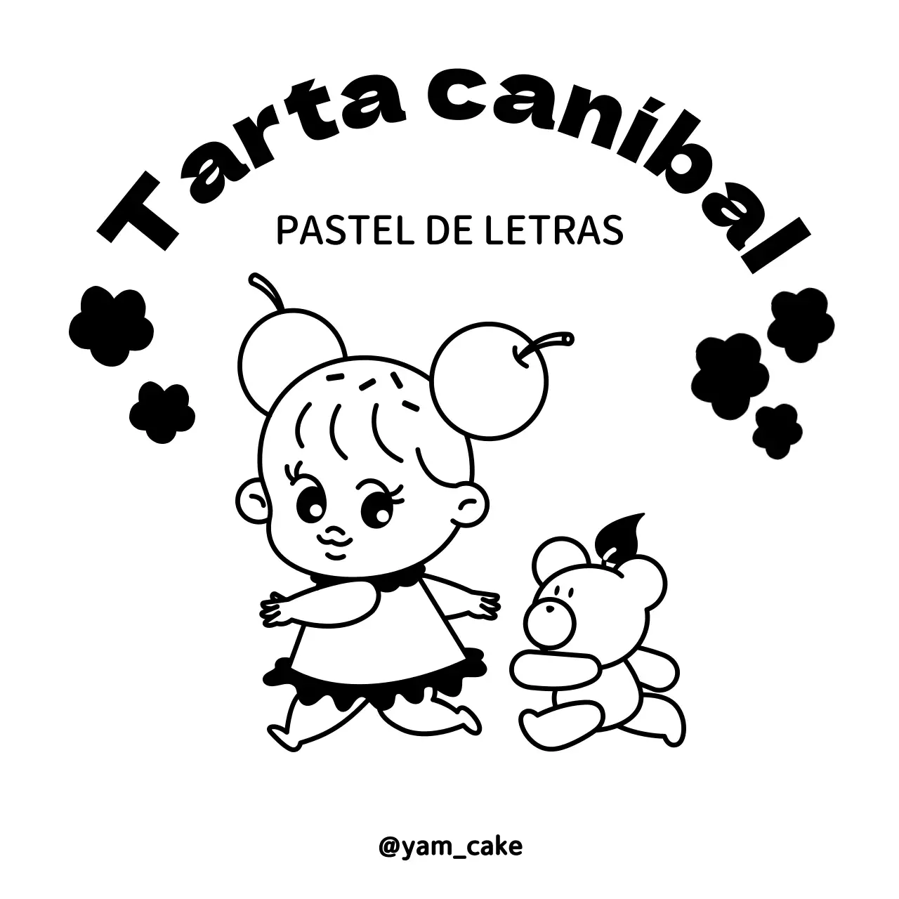 Diseño de pastelería de letras hecho a mano con niña mona e ilustración de oso en negro