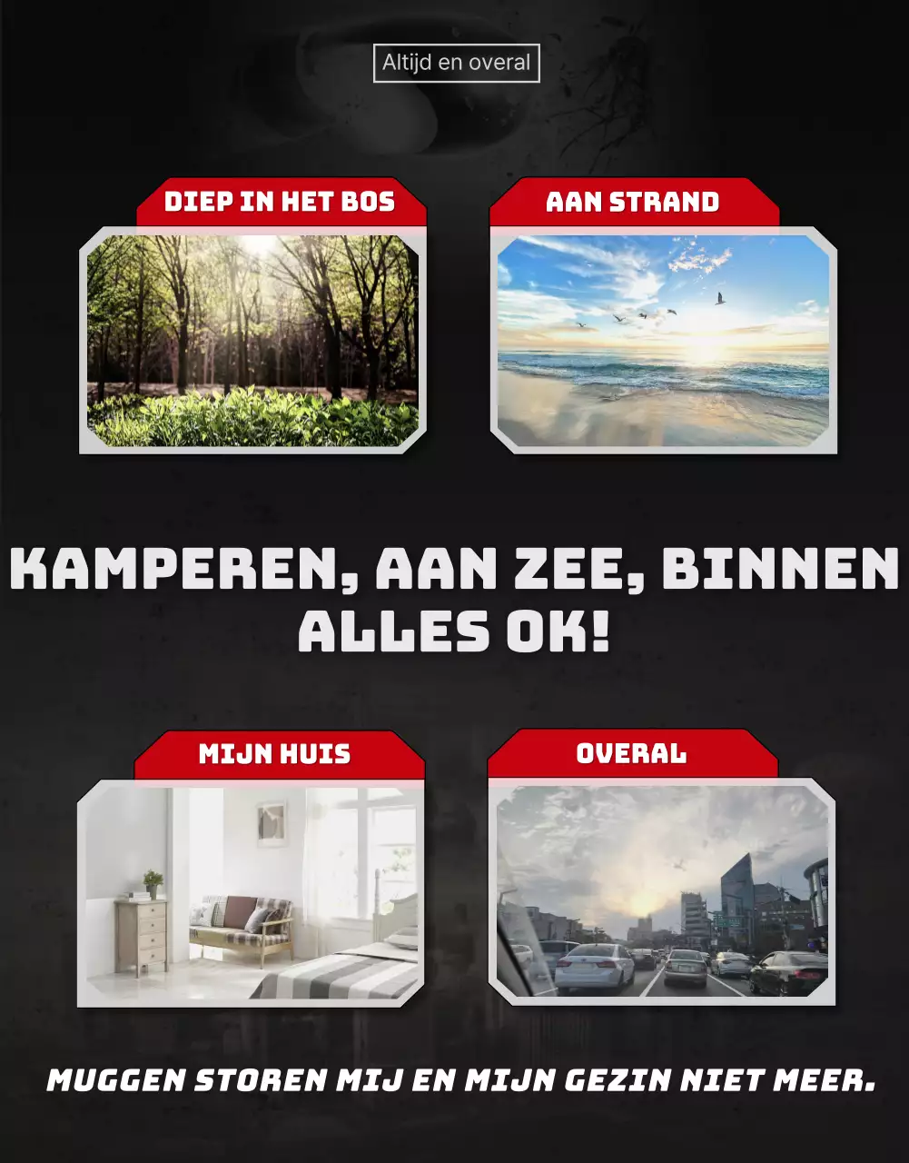 Promoot een muggenwerend product met een zwarte en rode poster van een rampenfilm.