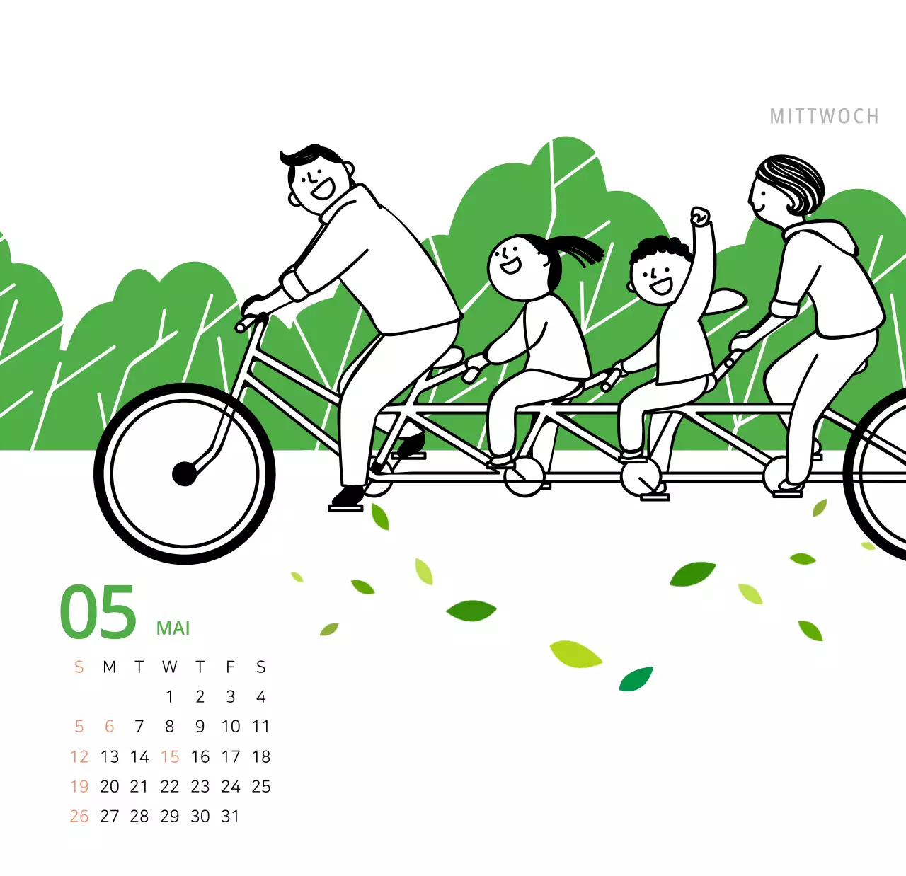 Niedlich illustrierter grüner Tischkalender mit Familienthemen