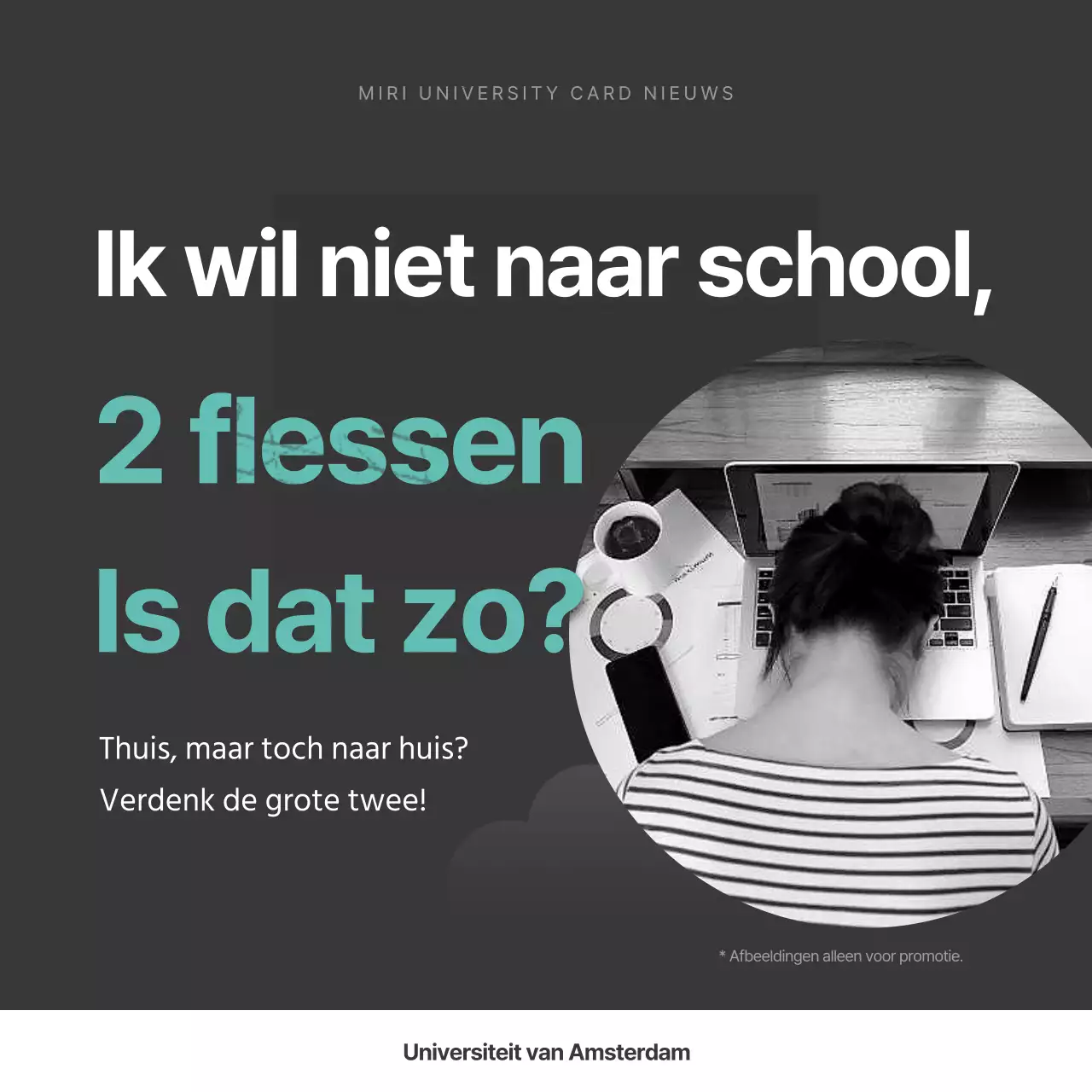 Grijs en mint fotografische illustratie van het universiteitsleven met twee flessen cardNews