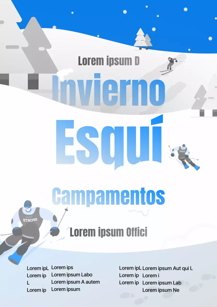 Reclutamiento para campamento de esquí de invierno con fondo blanco y azul (webposter vertical)