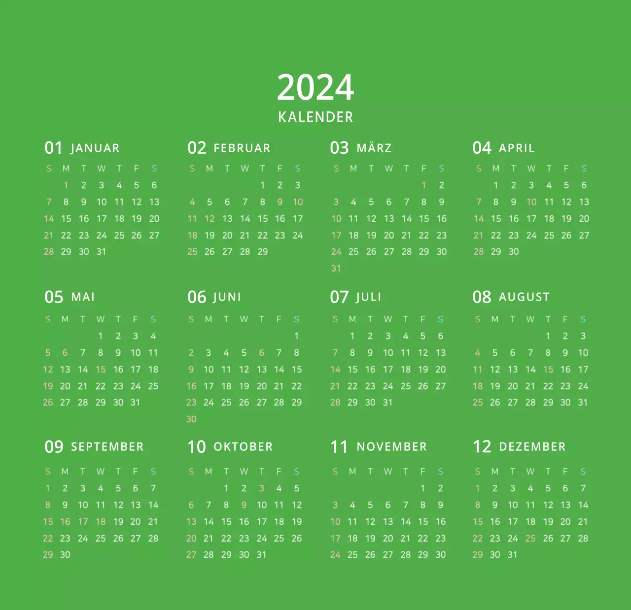 Niedlich illustrierter grüner Tischkalender mit Familienthemen