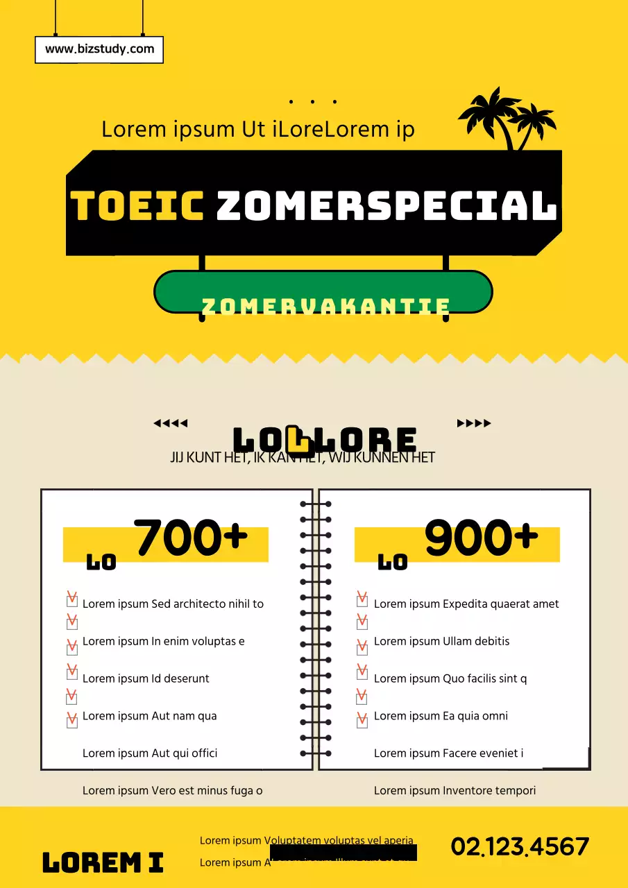 Heldere gele en zwarte pictogrammen en tekst om TOEIC te promoten