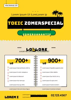 Heldere gele en zwarte pictogrammen en tekst om TOEIC te promoten