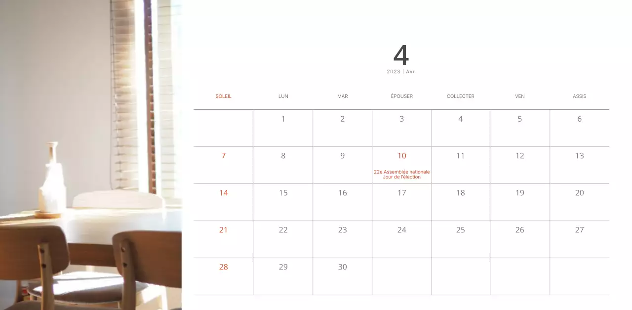 Calendrier d'aménagement intérieur blanc et épuré