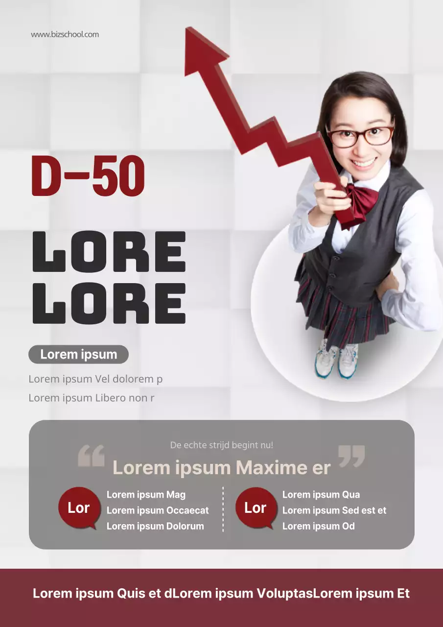 Een moderne rode en grijze flyer voor een school ter voorbereiding op een toelatingsexamen