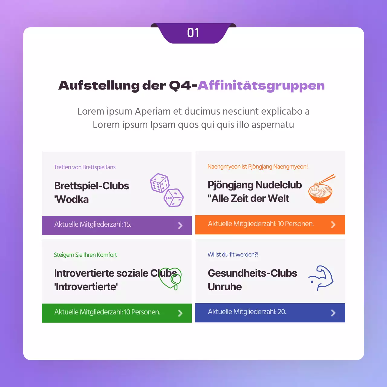 Ankündigung eines Firmenclubs mit einem lila Einladungskonzept