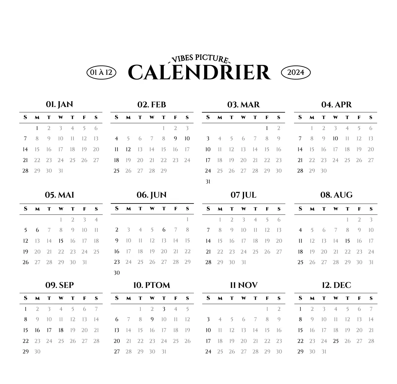 Calendrier mural de style simple avec concept de photographie de voyage émotionnelle en noir et blanc