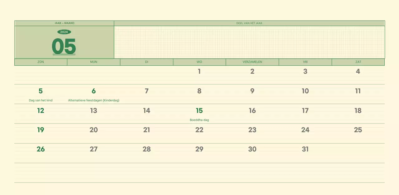 SAT D-day notitieblok concept wandkalender in groen en lichtgeel