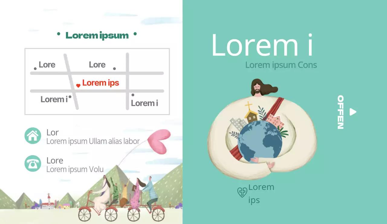 Emotionales illustriertes Konzept in Mint und Weiß mit kirchlichen Informationen und Wegbeschreibungen