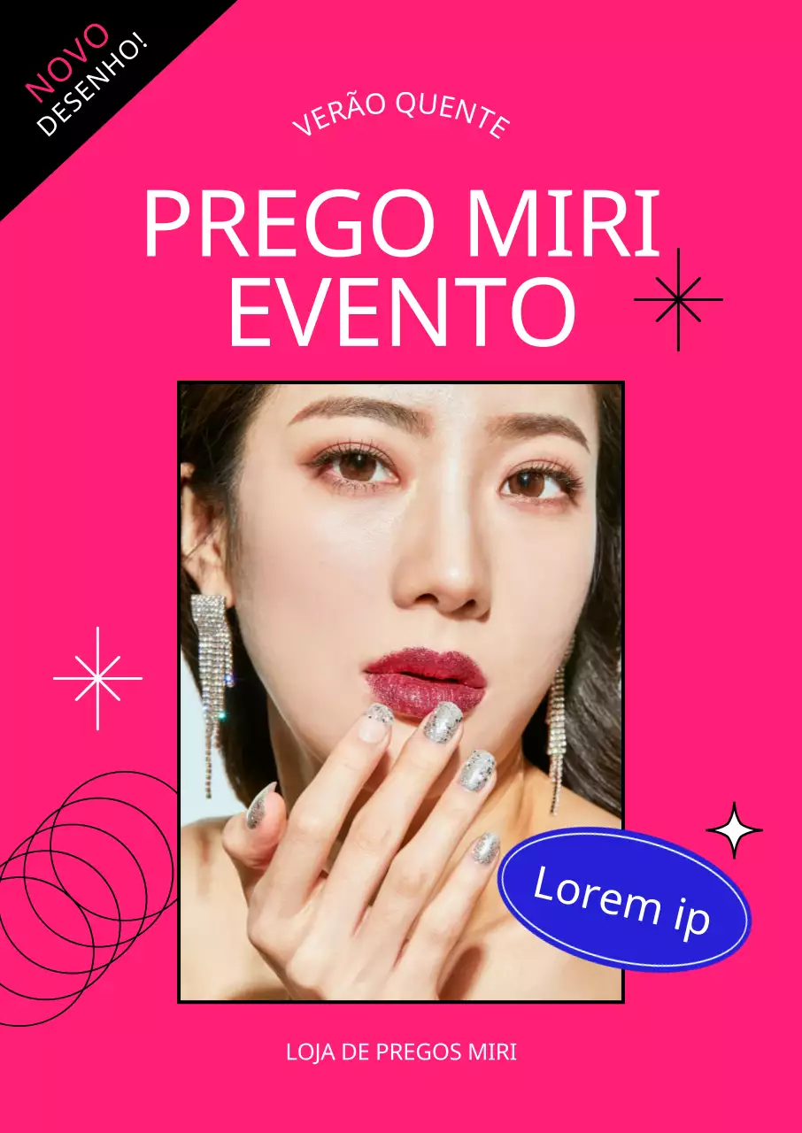 Uma venda de unhas glamorosa numa moldura com uma ilustração de linhas sobre um fundo cor-de-rosa quente.