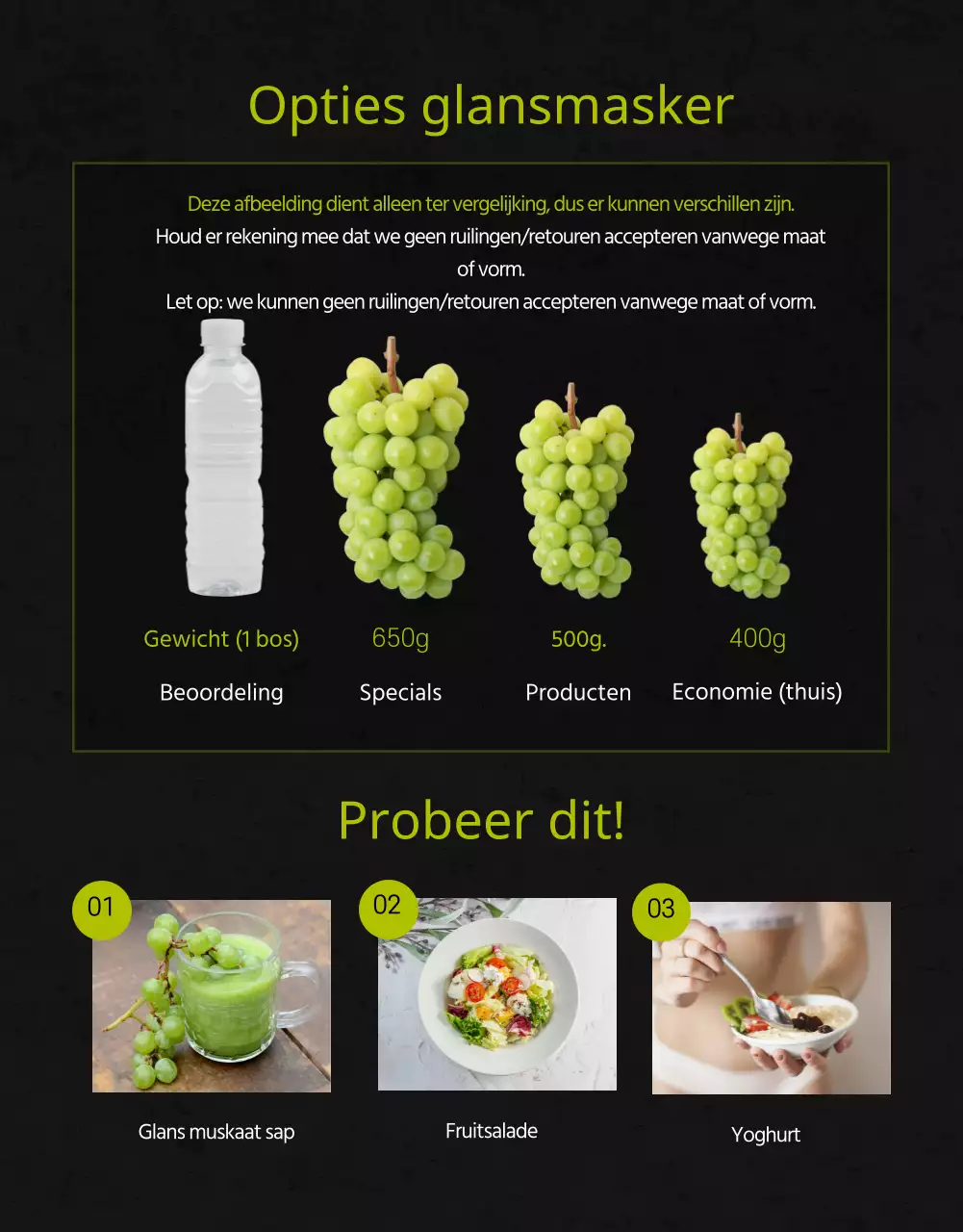 Premium hoge suiker glans muscat in zwart en groen voor fondsenwerving verkoopbevordering lokale boeren klein bedrijf lokale voeding