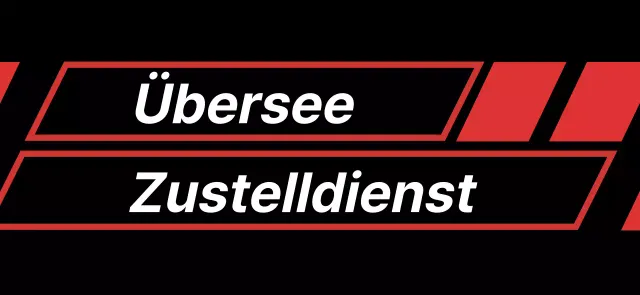 Werbung für einen internationalen Versanddienst mit einem schwarz-roten diagonalen Rechteck