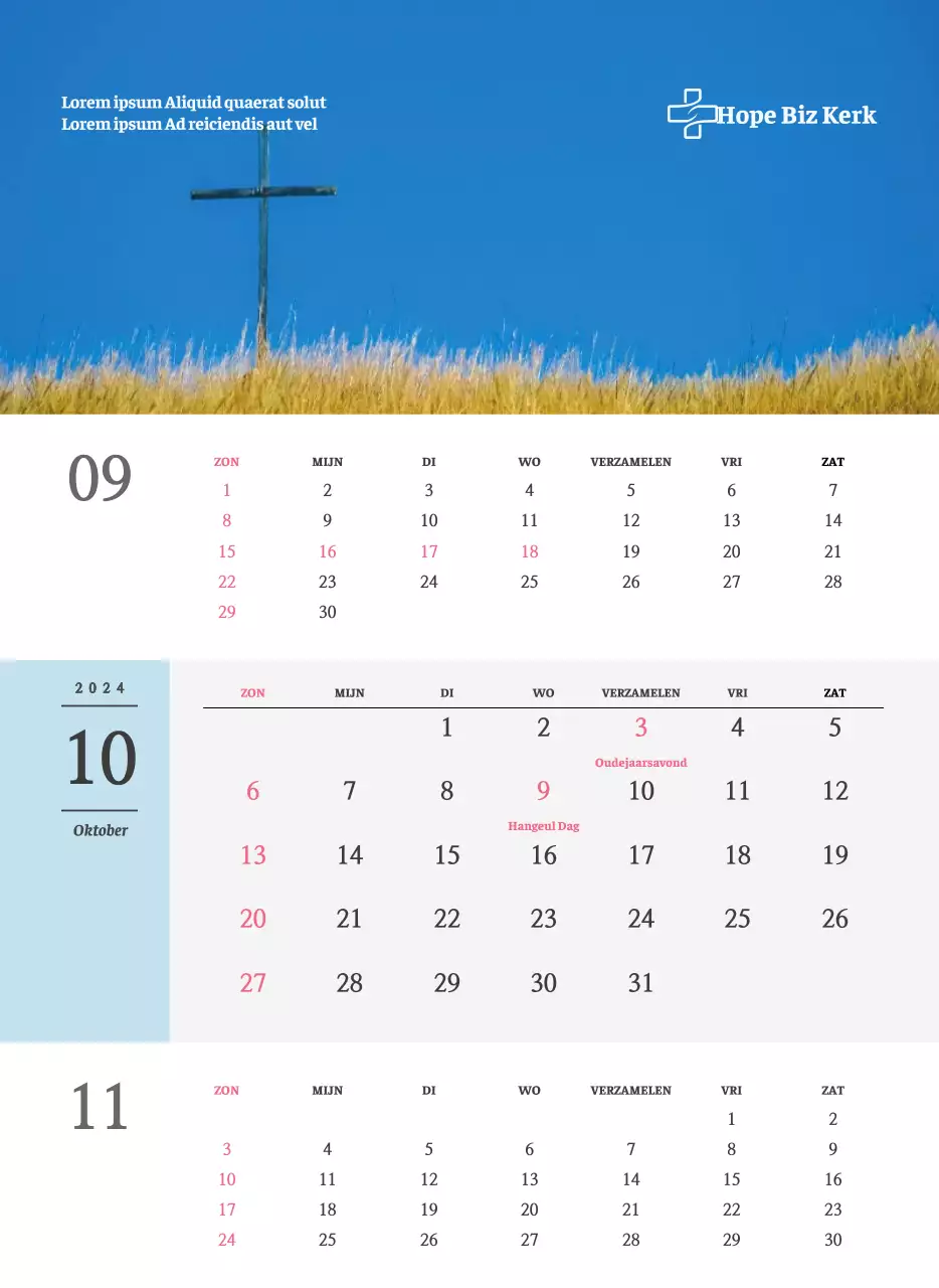 Eenvoudig concept kerkelijke muurkalender in zwart-wit met emotionele religieuze foto's