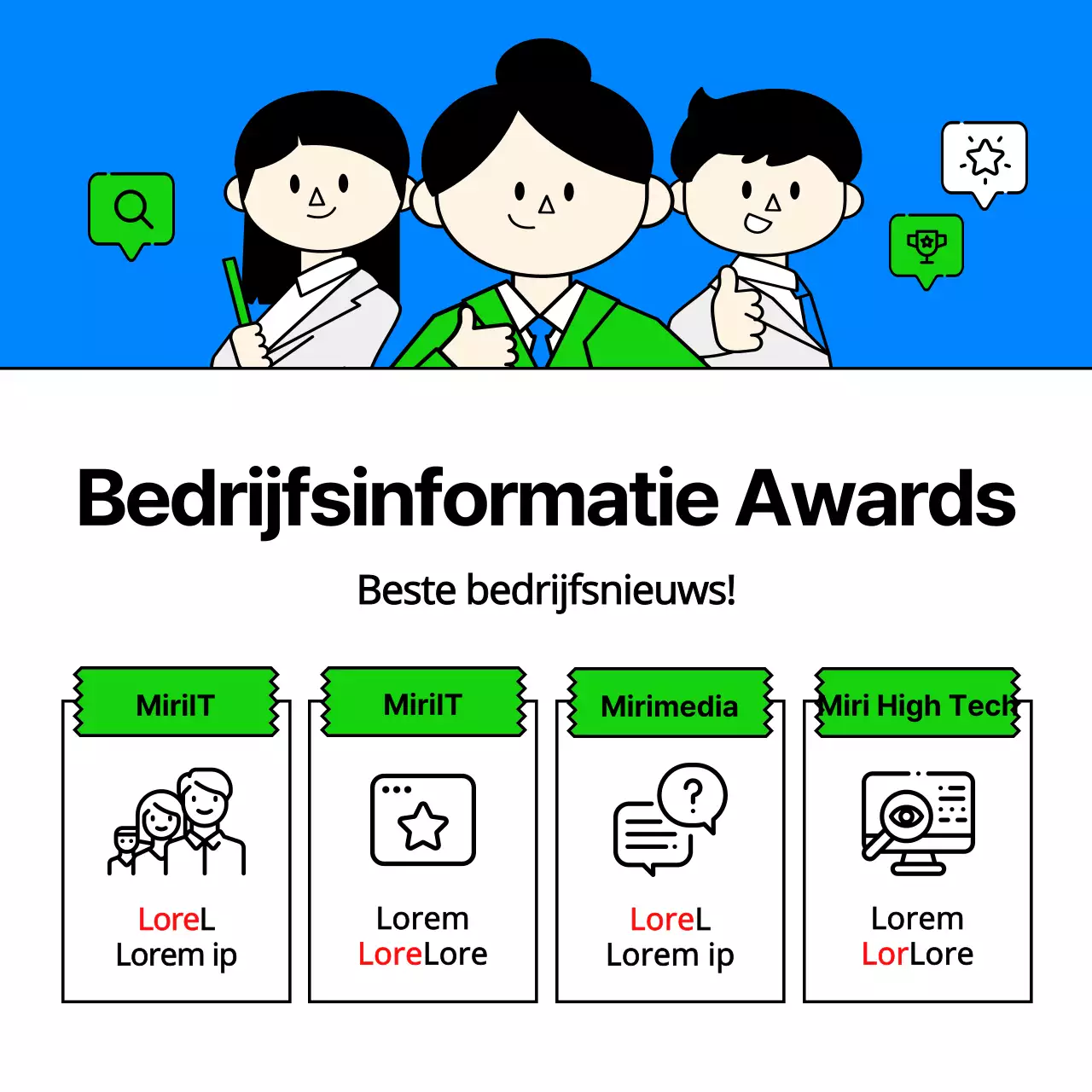 Vacatures bij IT-bedrijven met leuke en eenvoudige zakelijke illustraties in lichtblauw en chartreuse.