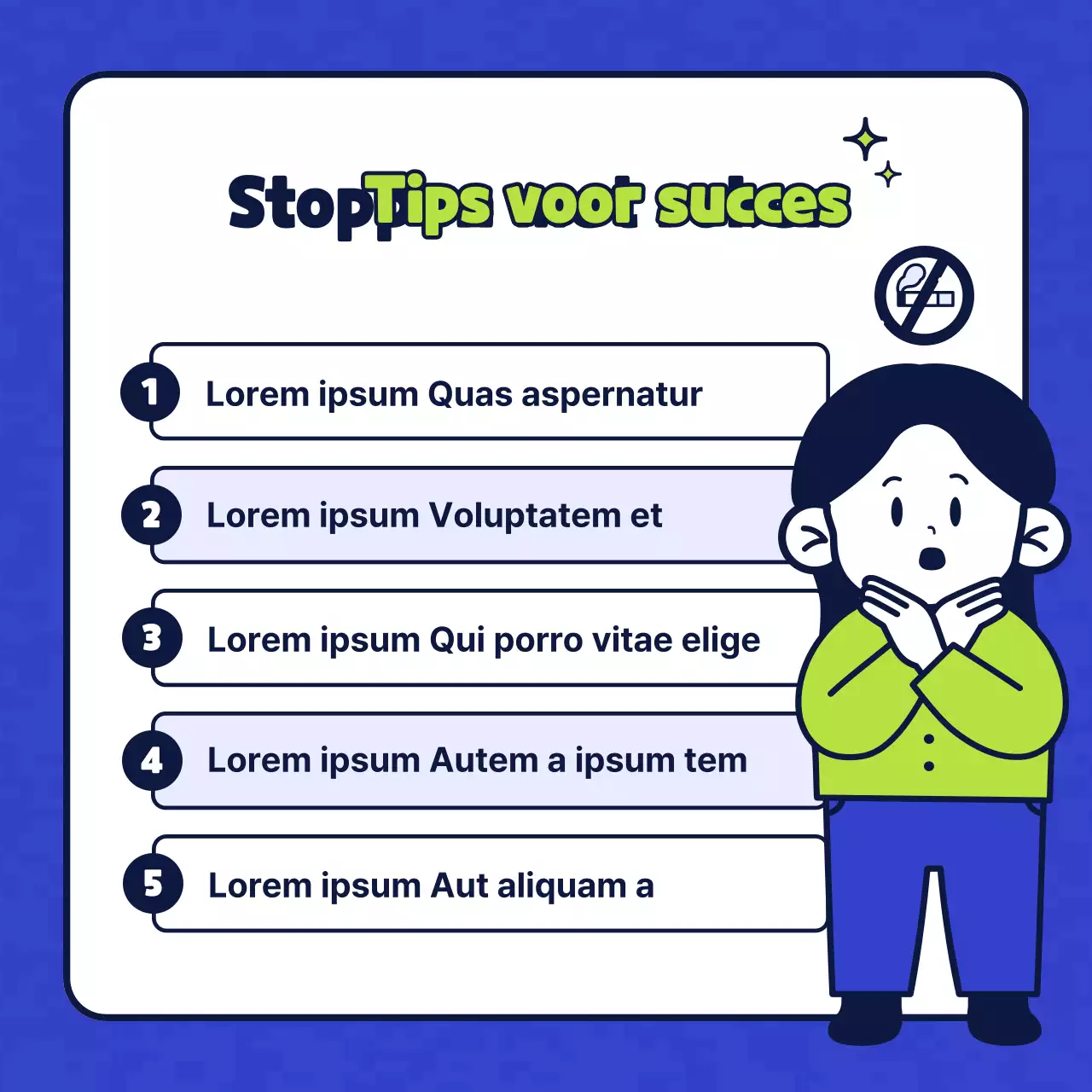 Eenvoudige karakterillustratie in blauw en chartreuse ter introductie van een tabaksvrije gezondheidskliniek.