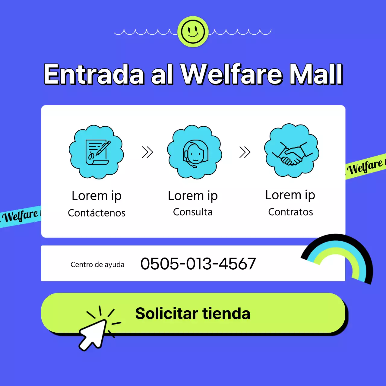 Explicando el centro comercial azul de bienestar corporativo con un concepto de pegatina CardNews