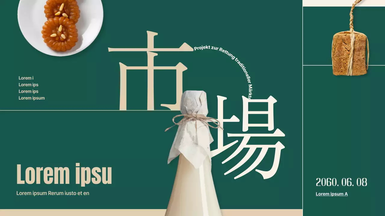 Plan zur Wiederbelebung traditioneller Märkte mit grünen und beigen Objekten und Typografie