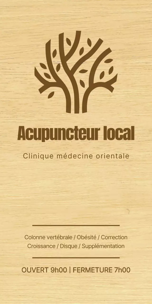 Enseigne d'une clinique de médecine orientale, d'allure élégante, avec un texte brun et une illustration au trait en bois.