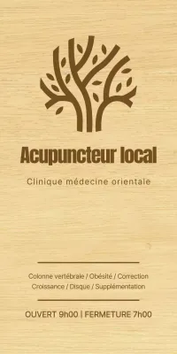 Enseigne d'une clinique de médecine orientale, d'allure élégante, avec un texte brun et une illustration au trait en bois.