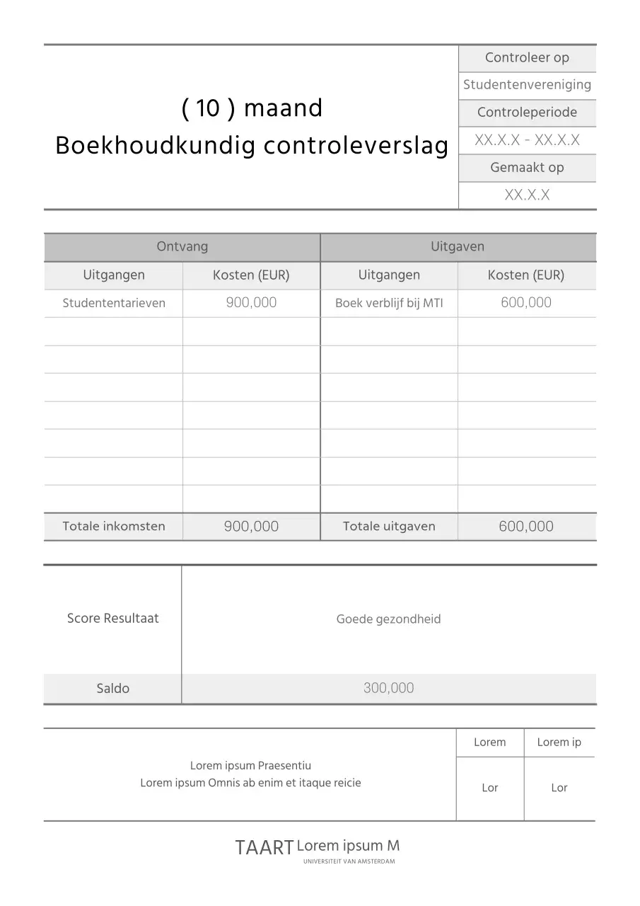 Zwart-wit, netjes gelijnd inspectieverslag van de boekhouding van de schoolclub