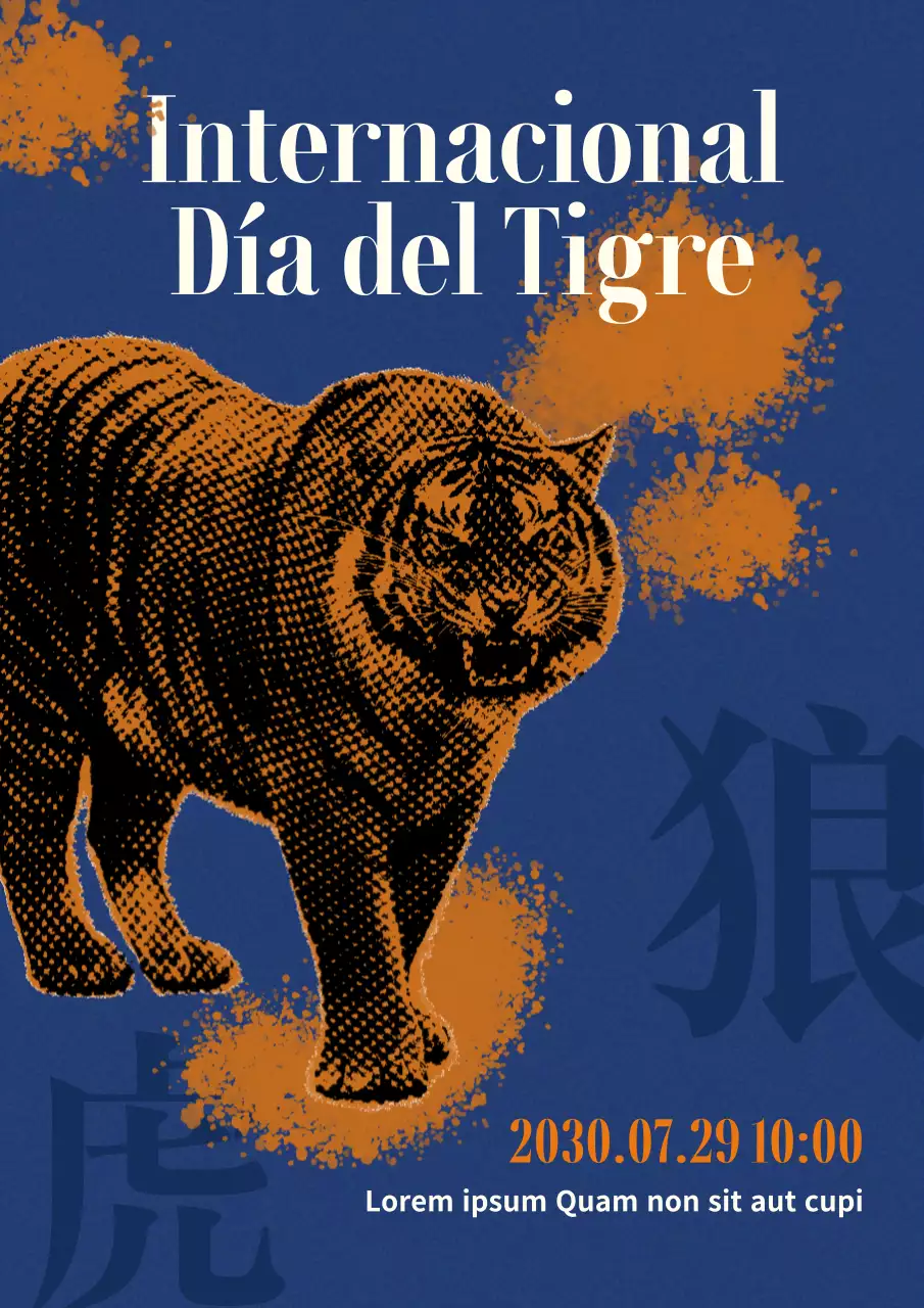 Promoción del Día del Tigre de inspiración vintage en azul y naranja
