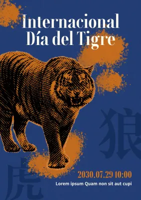 Promoción del Día del Tigre de inspiración vintage en azul y naranja