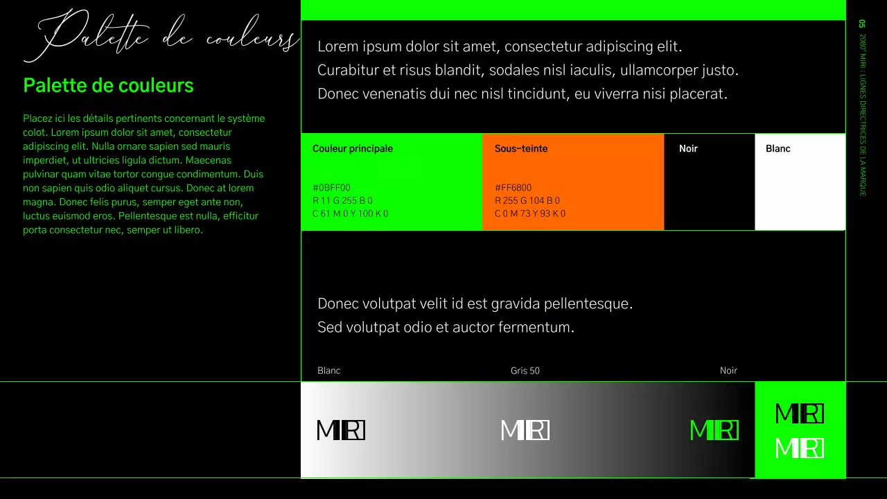 Lignes directrices relatives à l'identité de la marque dans un format quadrillé vert lime et noir
