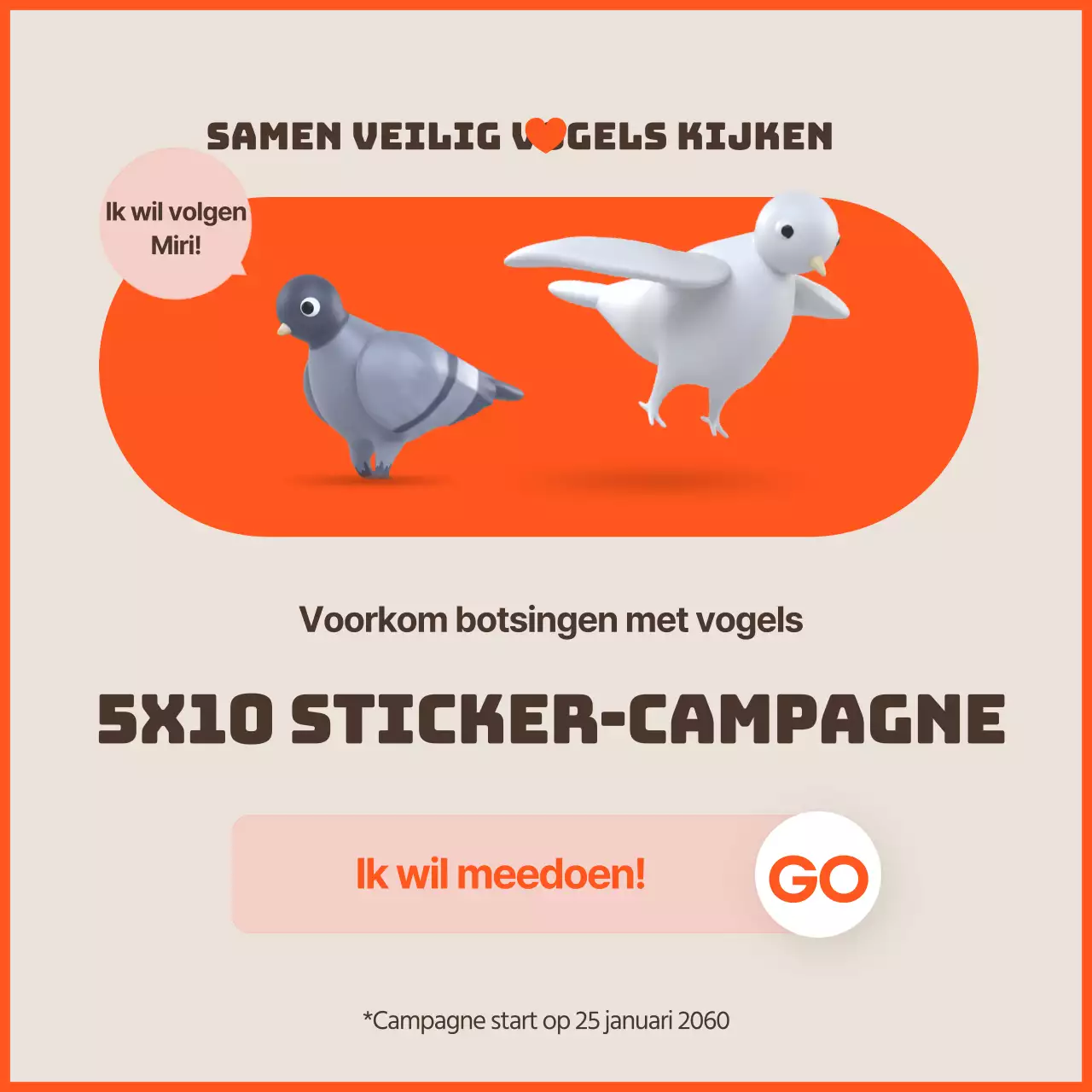 Een strakke anti-vogelaanrijdingscampagne met oranje accenten