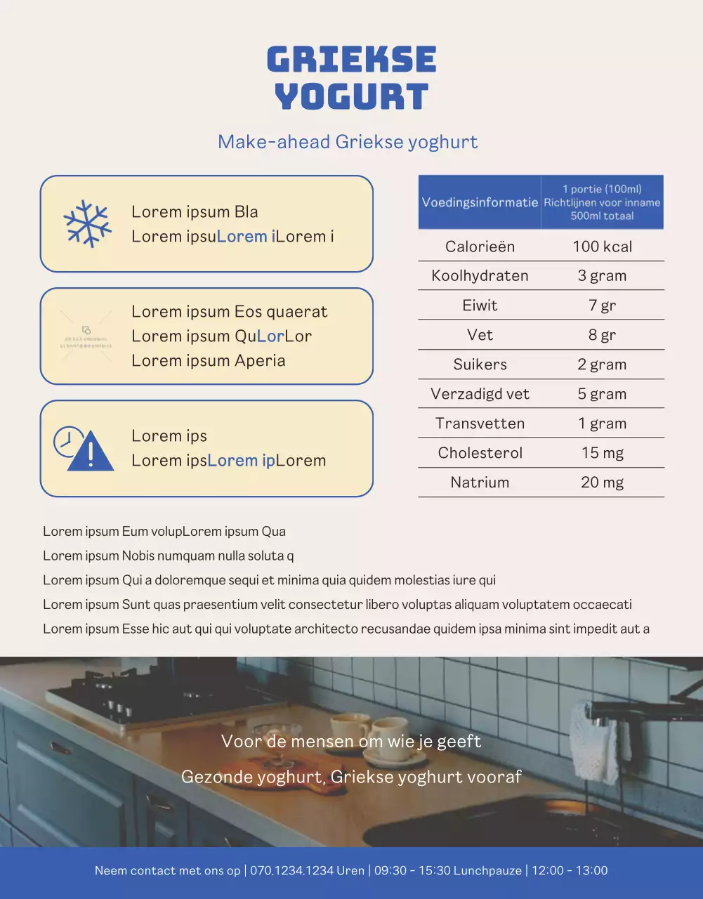 Blauw gele levendige schone Griekse yoghurt detail pagina