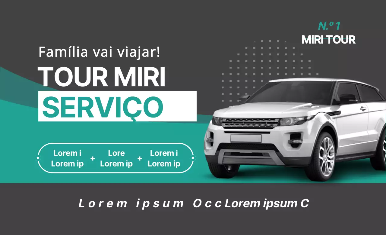 Design simples e limpo de um anúncio de aluguer de automóveis com detalhes em turquesa e fotografias de automóveis