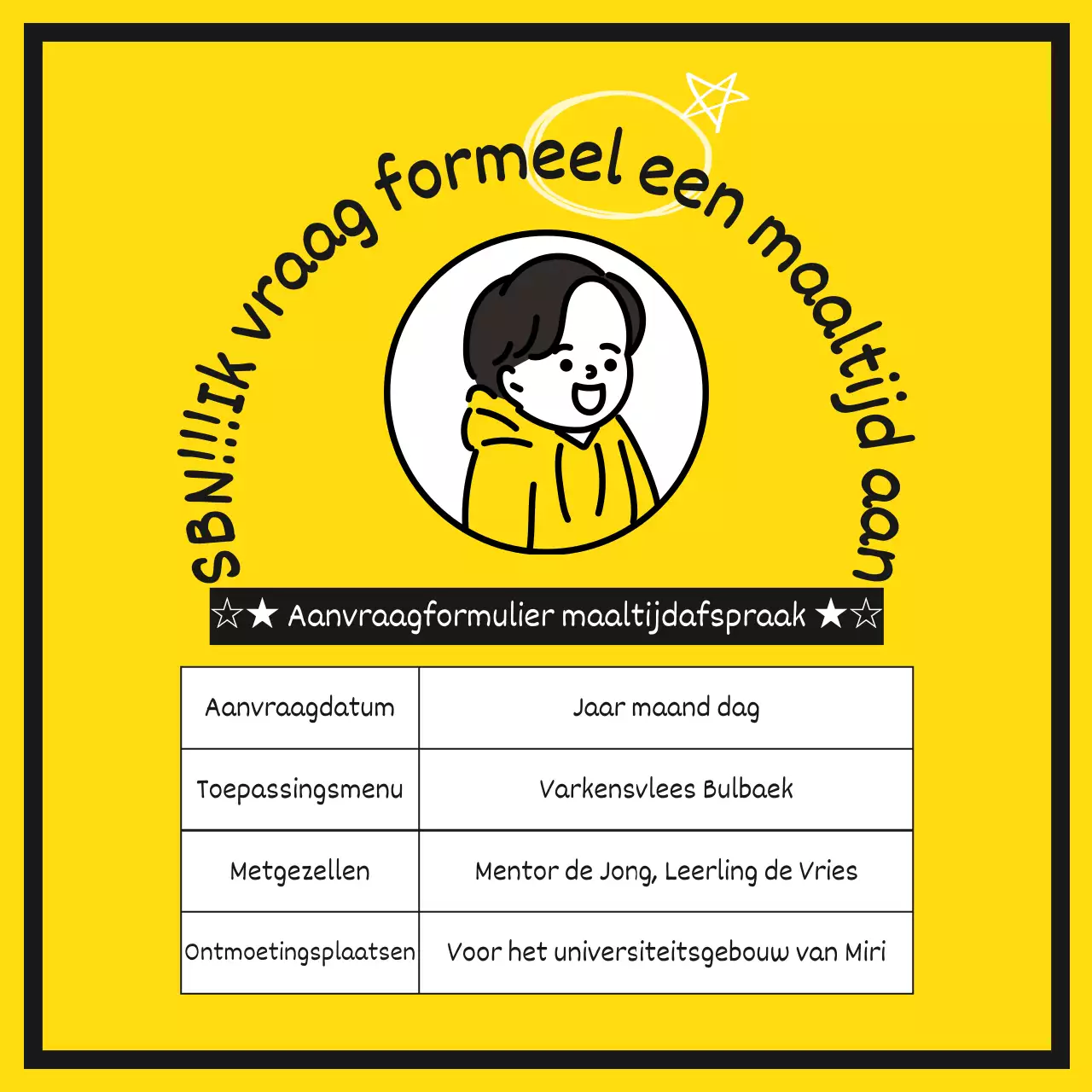 Een schattig, geel en leuk maaltijdaanvraagformulier