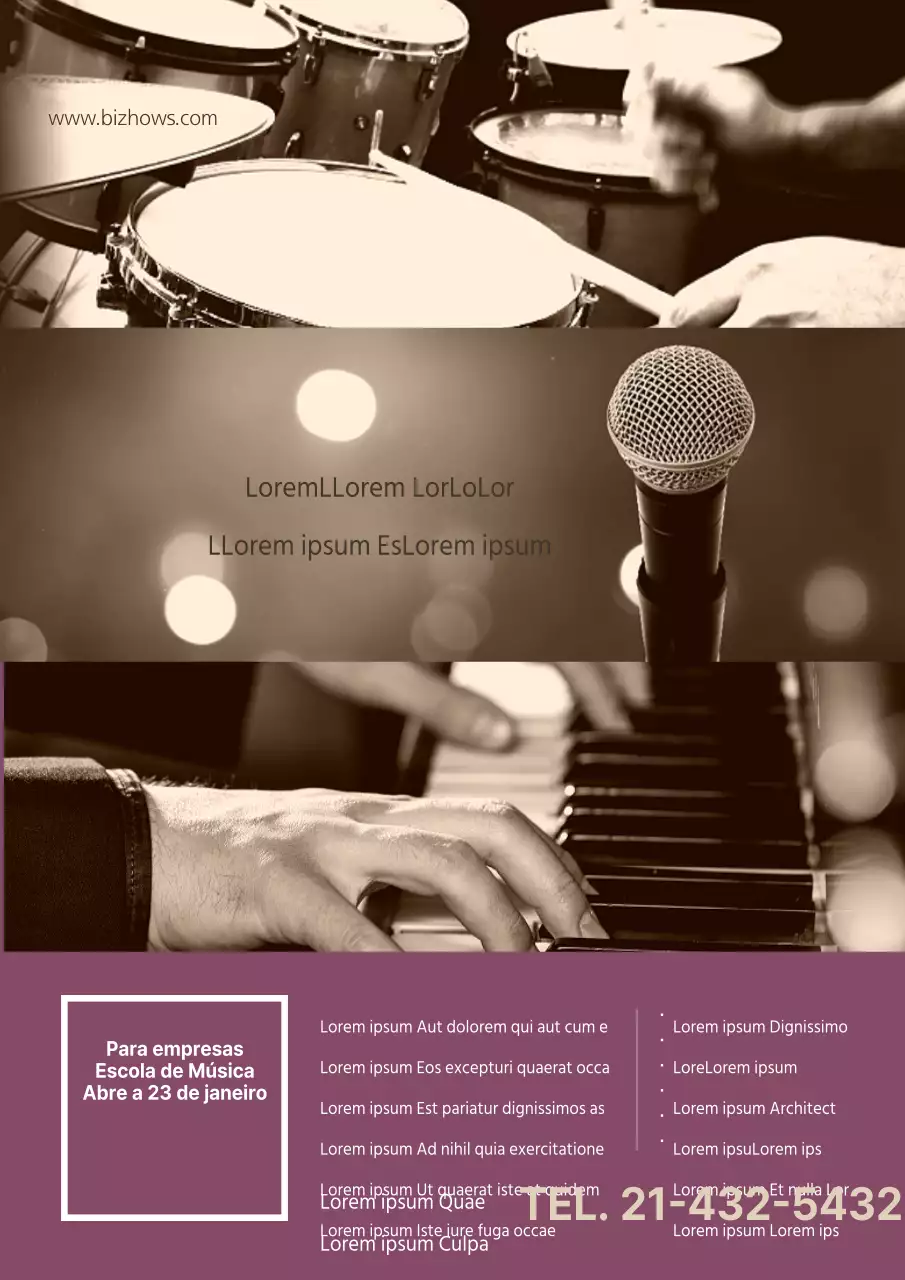 Promover uma escola de música prática com uma fotografia emotiva de uma atuação musical a roxo.