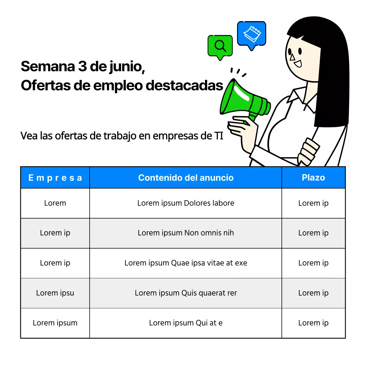 Listados de empleo de empresas de TI con bonitas y sencillas ilustraciones empresariales en azul claro y chartreuse.