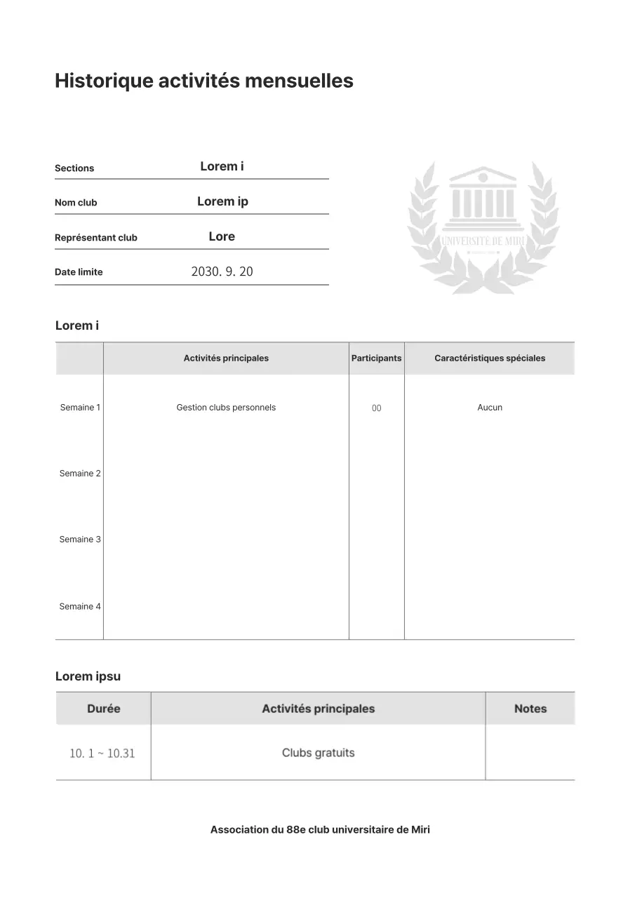 Activité mensuelle du club en noir et blanc Matériel de réunion