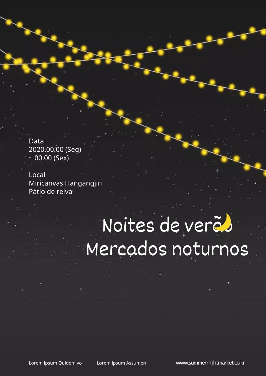 Promover um mercado noturno com uma ilustração a amarelo e branco de uma lâmpada no céu noturno