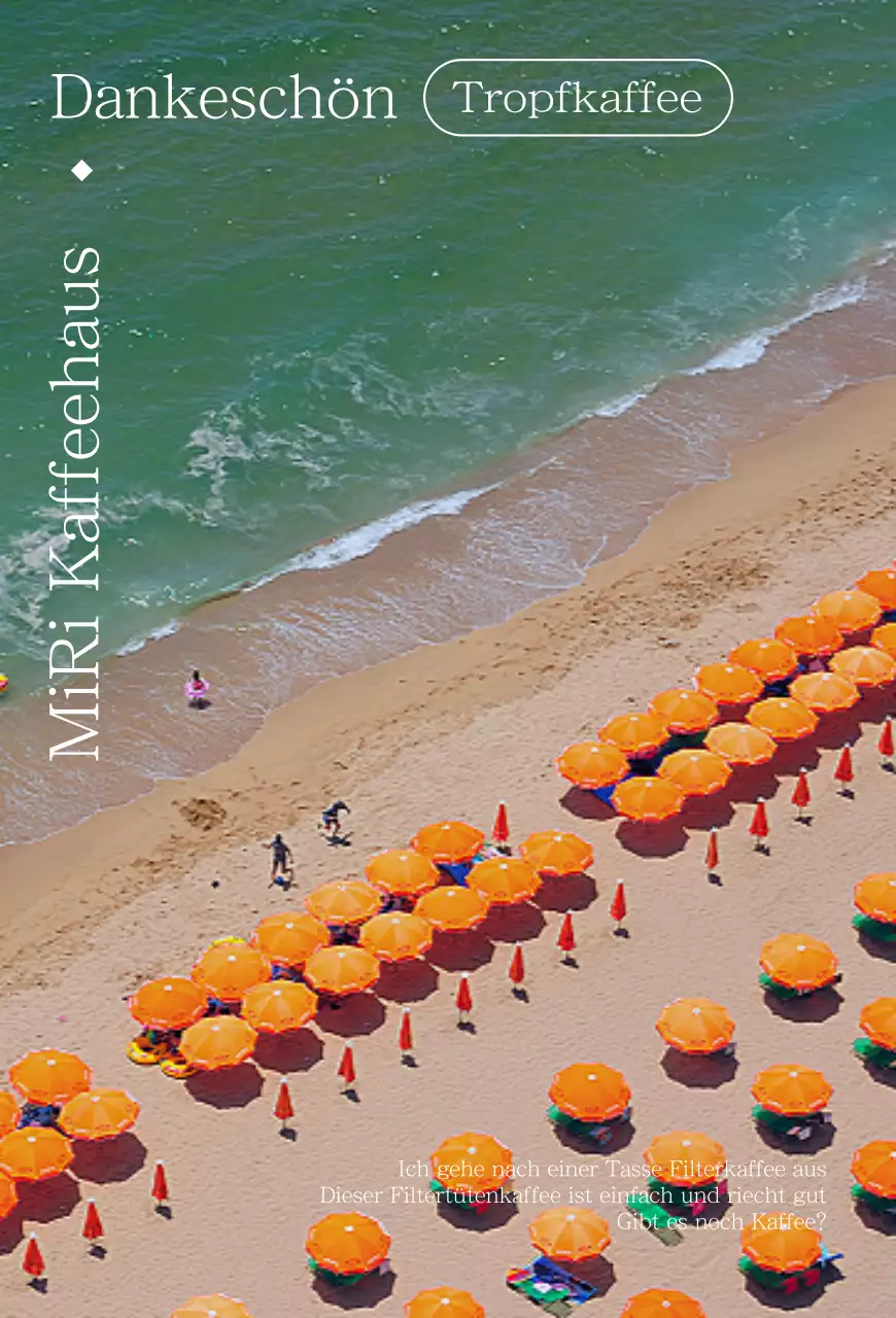 Werbung für ein sommerliches Strandcafé mit hübschen orangefarbenen Sonnenschirmen