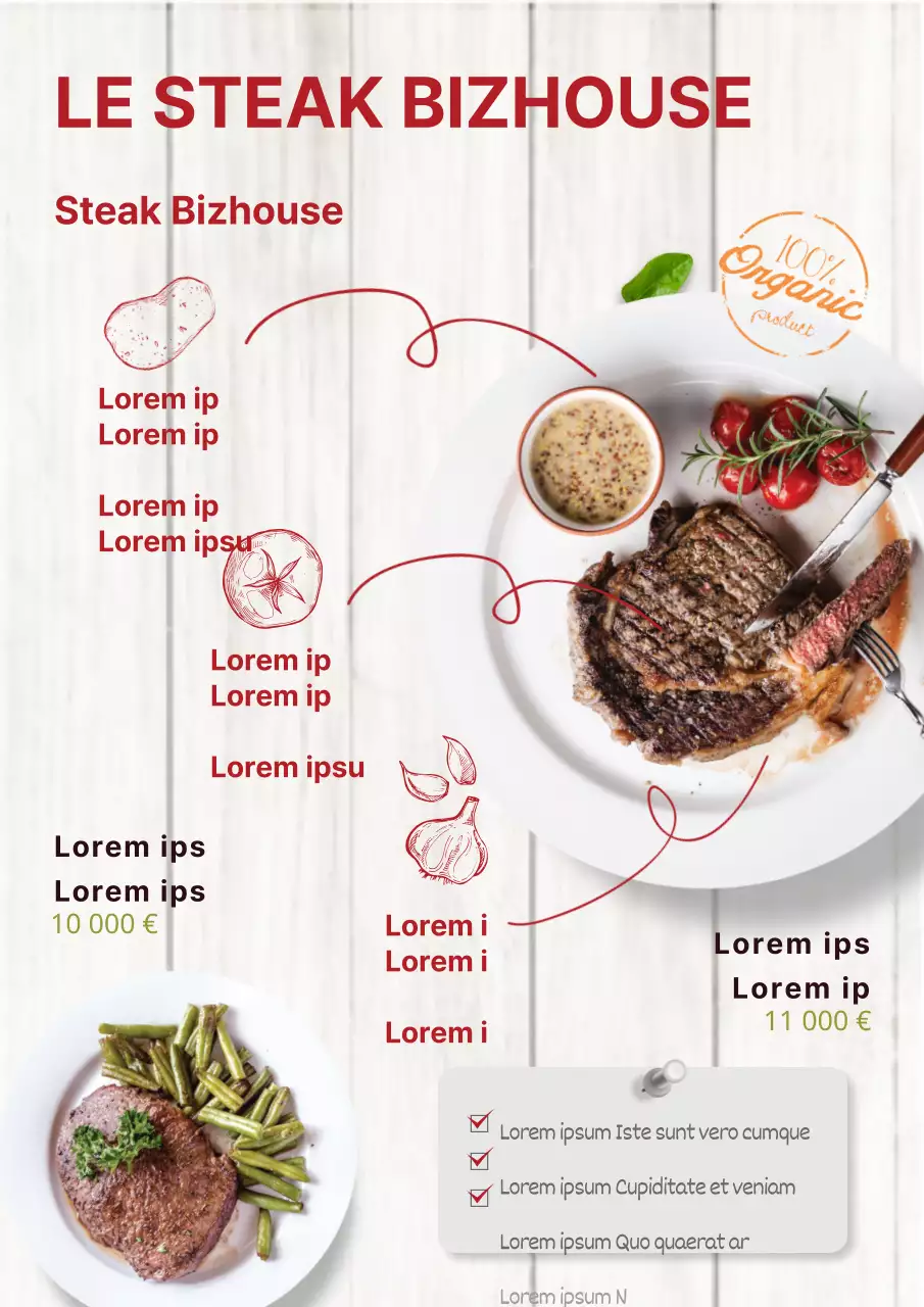 Promouvoir un nouveau menu de steak avec un look blanc et rouge épuré