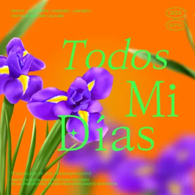 Título de exposición de arte contemporáneo en naranja y morado