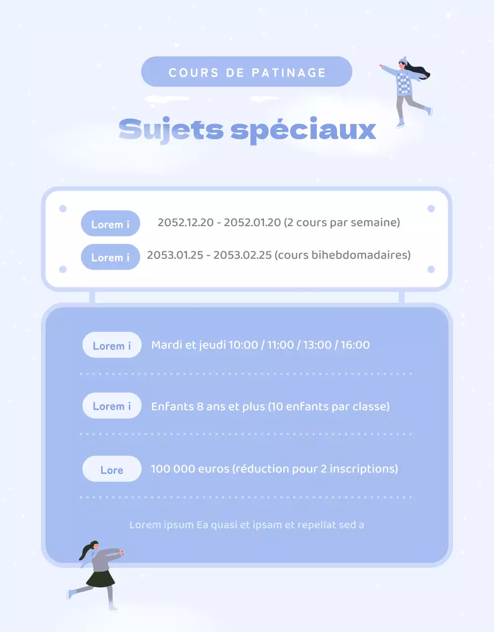 Guide des cours de patinage d'hiver en violet et blanc