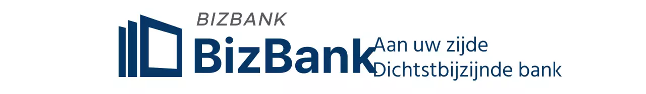 Eenvoudig ontwerp met de naam en het logo van de bank in blauwe, vertrouwde kleuren