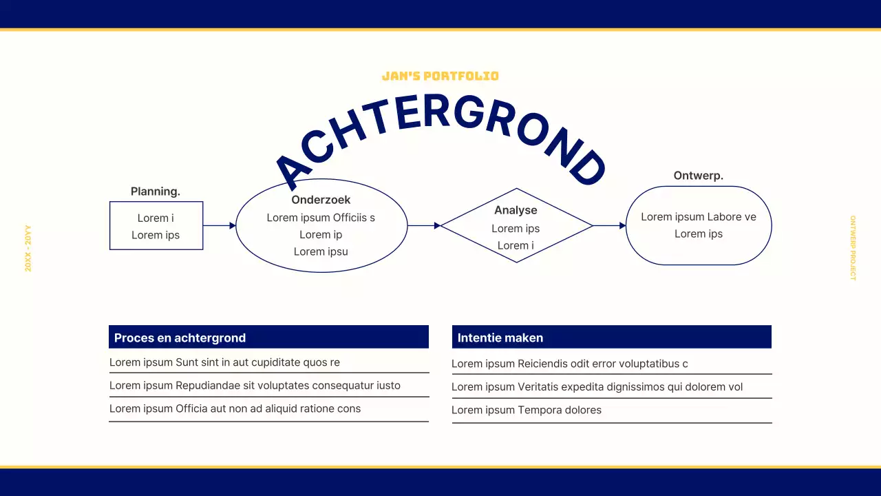 Design portfolio voor een vintage retro concept in marineblauw en geel