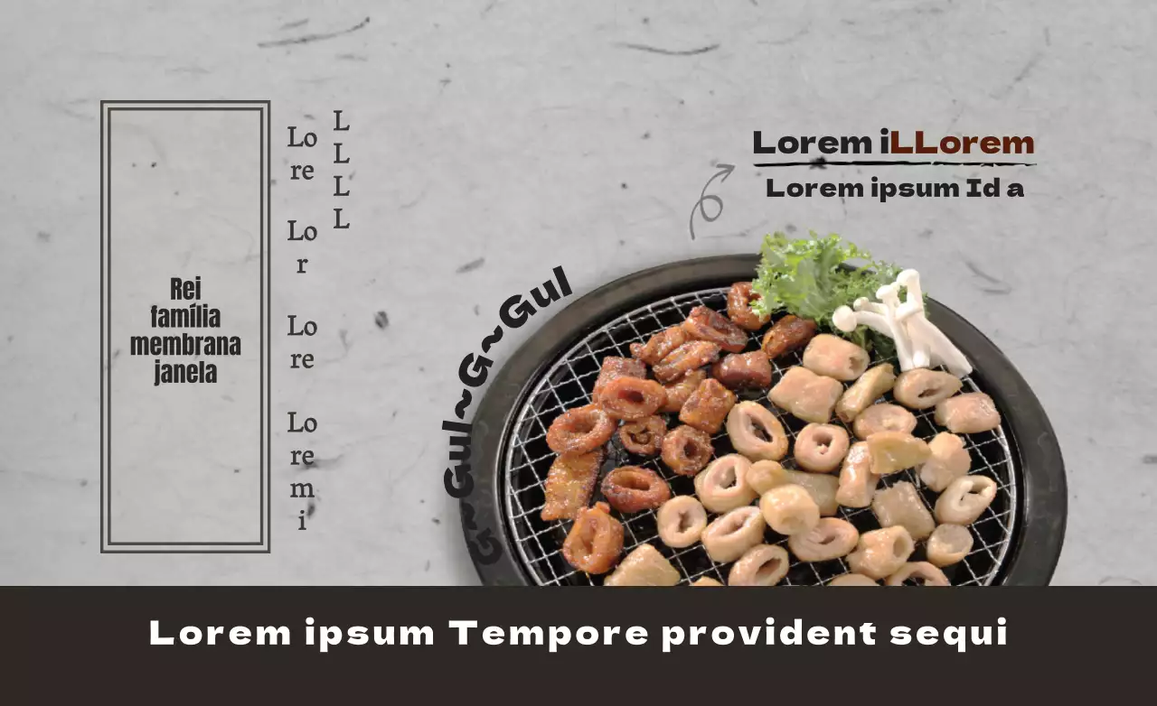 Uma combinação de texto simples e fotografias de comida em cinzento e castanho escuro para promover e informar o restaurante