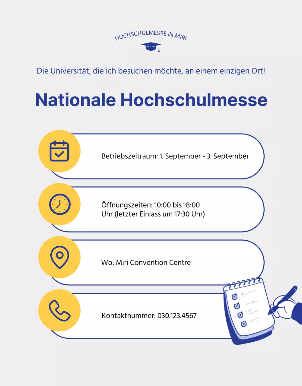 Blaue und gelbe Illustration einer Messe für Hochschulzulassungen