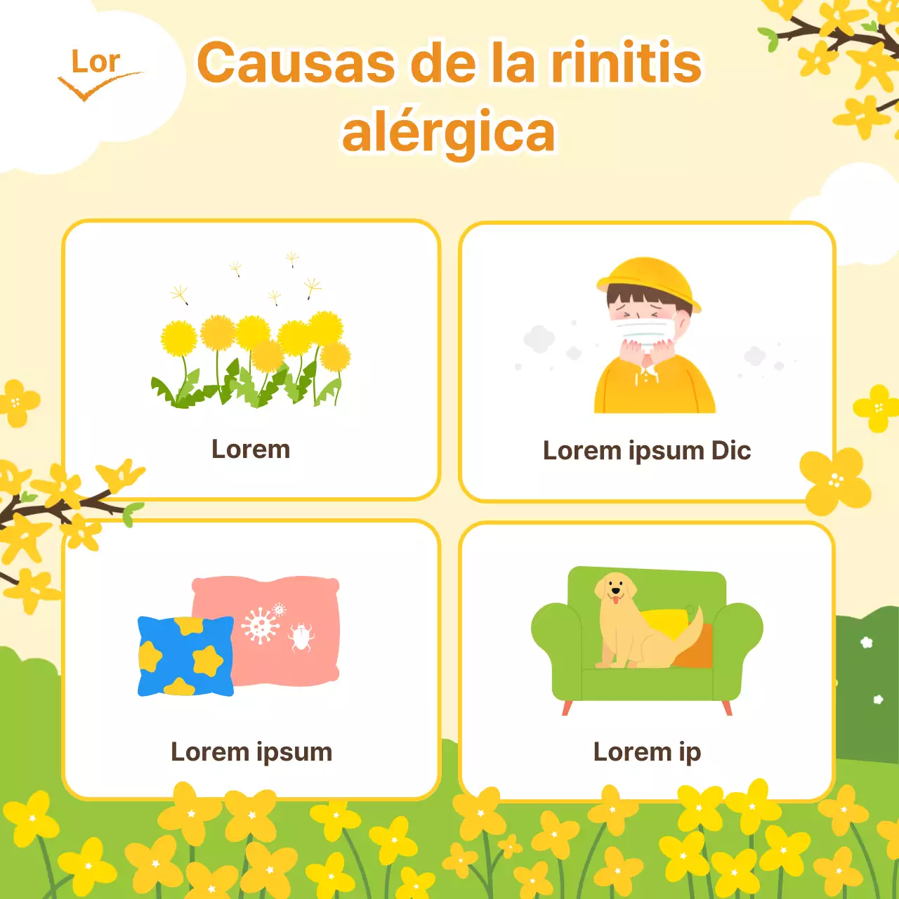 Una ilustración cálida, fresca y primaveral en tonos pastel amarillos y chartreuse para ayudar a prevenir la rinitis alérgica durante la estación primaveral.
