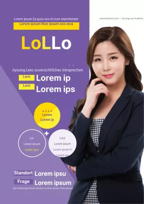 Einfache Schulwerbung mit lila und gelben Fotos von Schülern beim Lernen